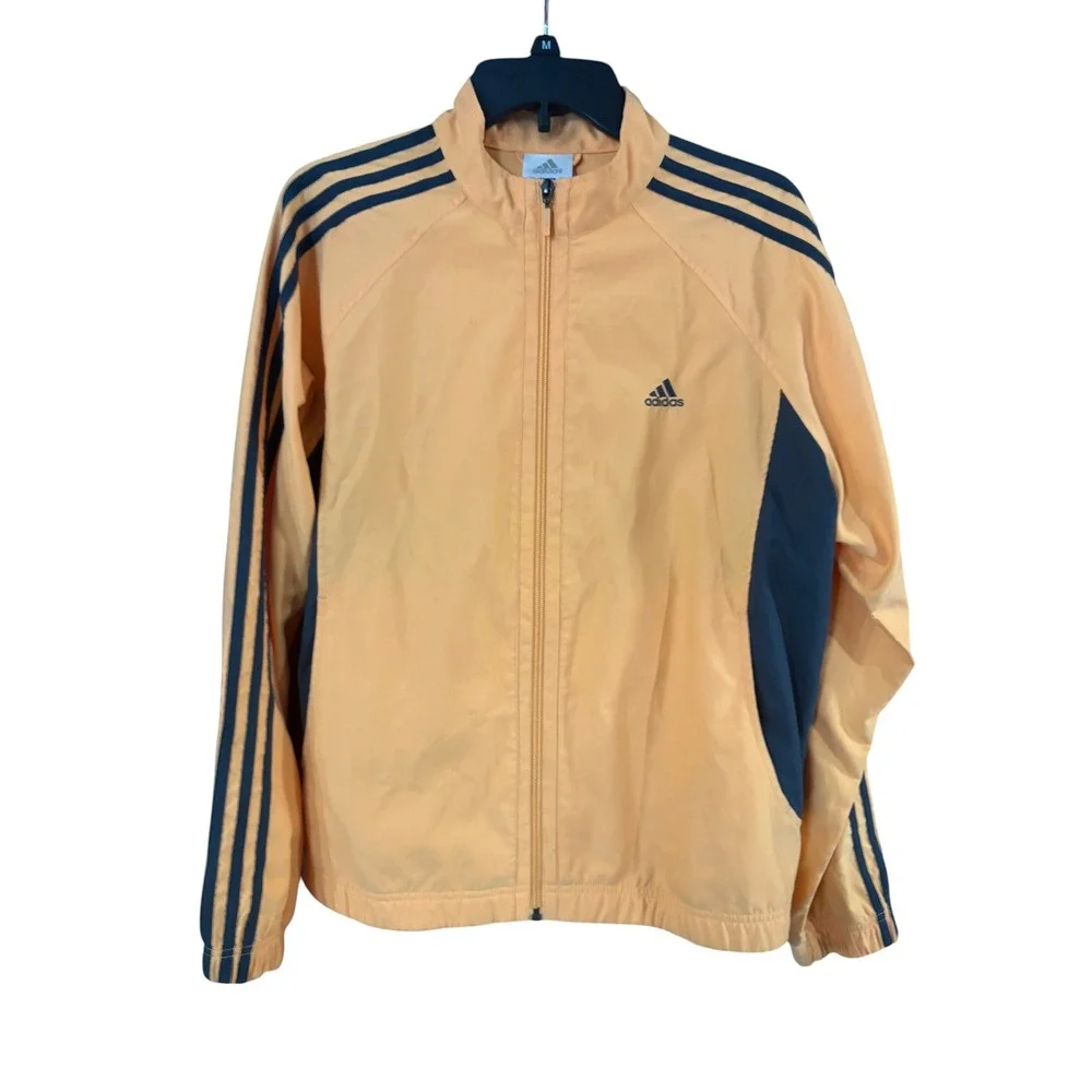Adidas Track Jacket Mens XL Orange Navy Blue Full Zip Windbreaker 3 Stripe Logo